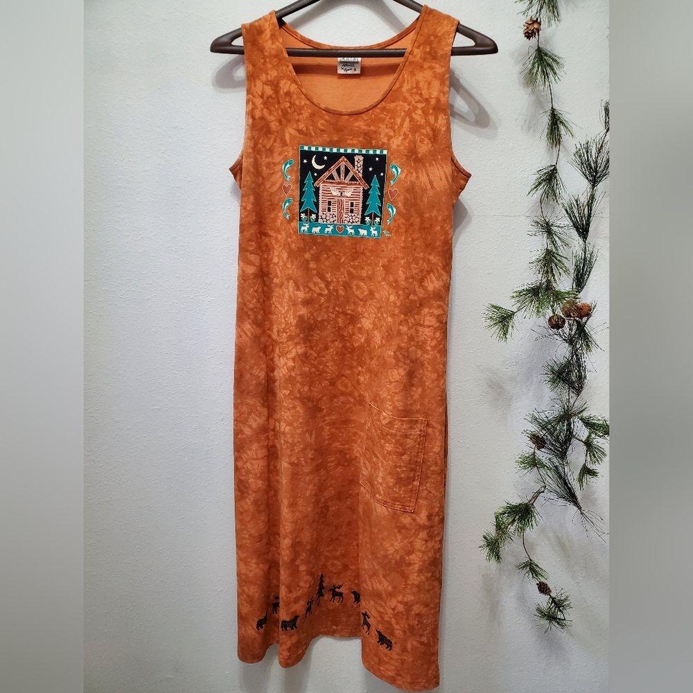 Vintage Cactus Bay Lynee Western Wildlife Cabin Tie Dye Cotton Maxi